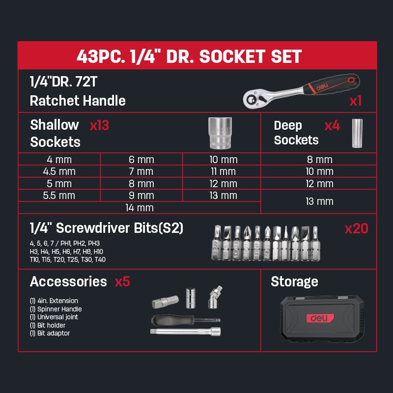 【得力工具 deli tools】43件 二分套筒組 扳手工具組  #SLIVER, , large