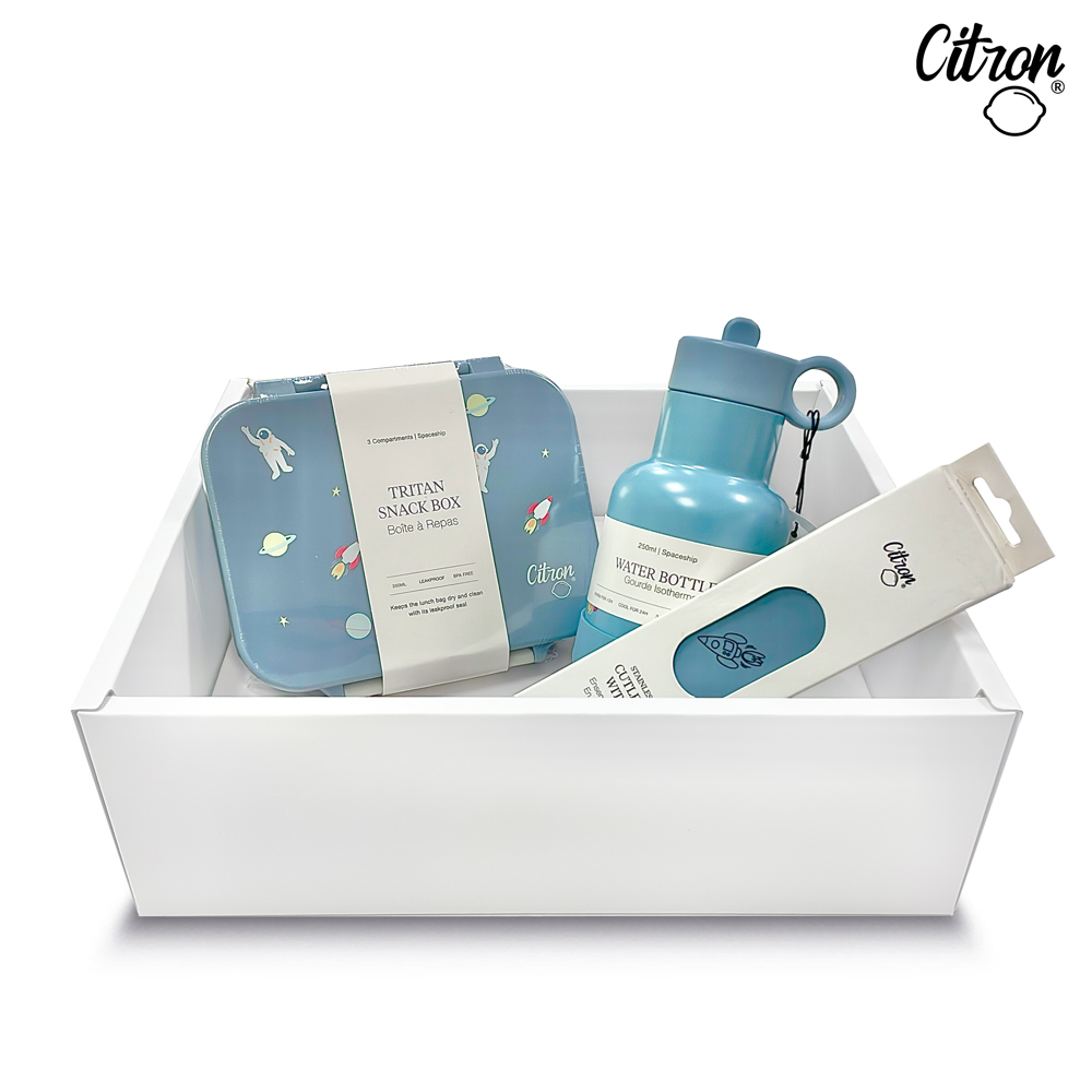 【Citron】經典餐具禮盒(奔上宇宙-點心盒+三層保溫瓶_250ml+兒童餐具四件組_霧靄藍), , large
