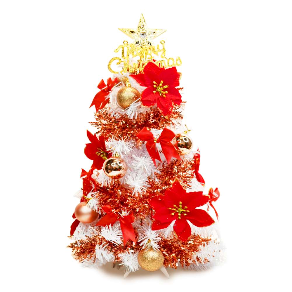 摩達客-台灣製2尺(60cm)精緻白色聖誕樹+熱情西班牙聖誕花紅金系飾品組/不含燈/本島免運費MIT歐美外銷人氣款, , large