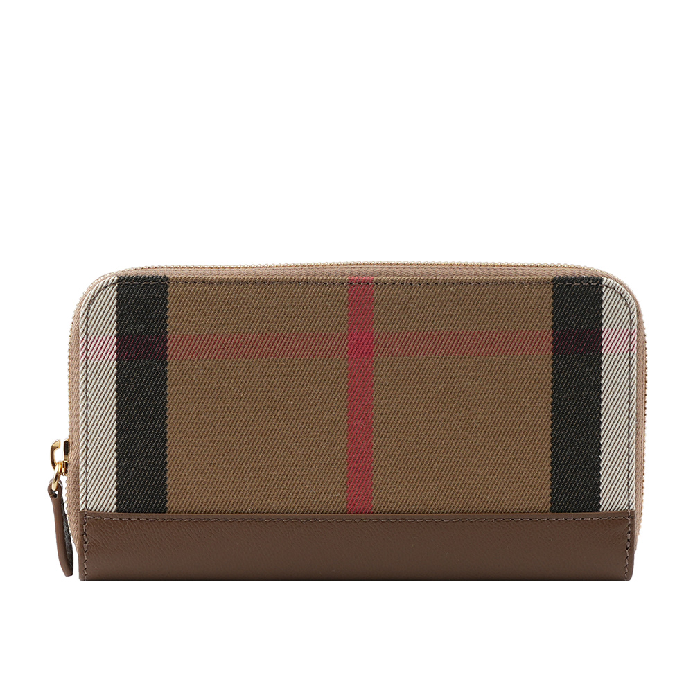 BURBERRY 格紋拼皮革ㄇ型拉鍊長夾/土棕色, , large