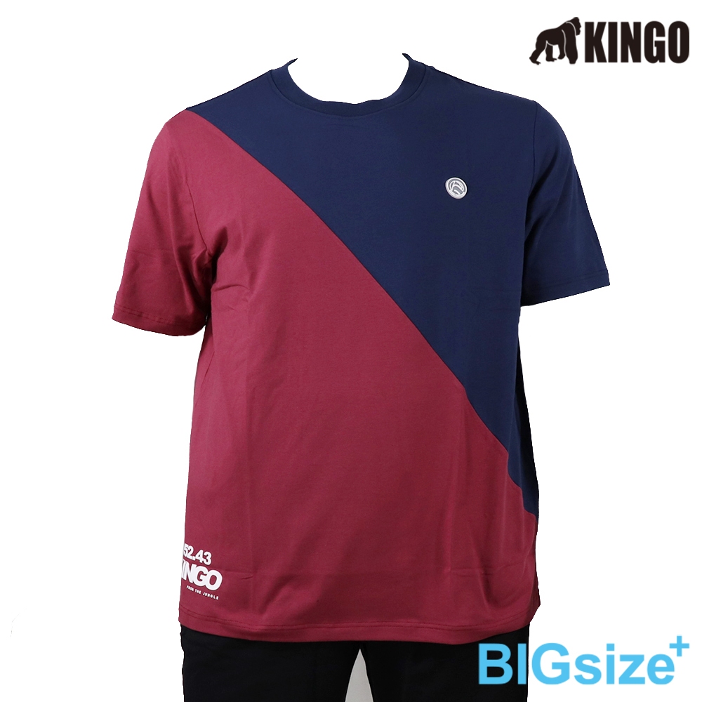 KINGO-大尺碼-男款 拚色圓領T恤-丈青-413102, , large