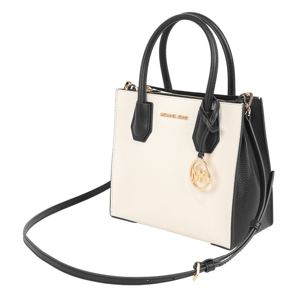 Michael Kors Mercer Logo 吊飾拼色粒紋皮革中型二用包(奶油色), , large