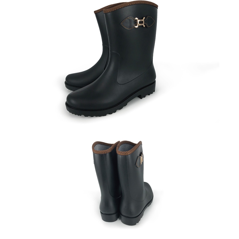 精選時尚雨鞋 MIT台灣製造 女鞋 女靴 中筒雨靴 防水鞋 簡約 時尚 金飾 修飾腿型 環保材質 好穿脫 耐磨 止滑 黑, , large