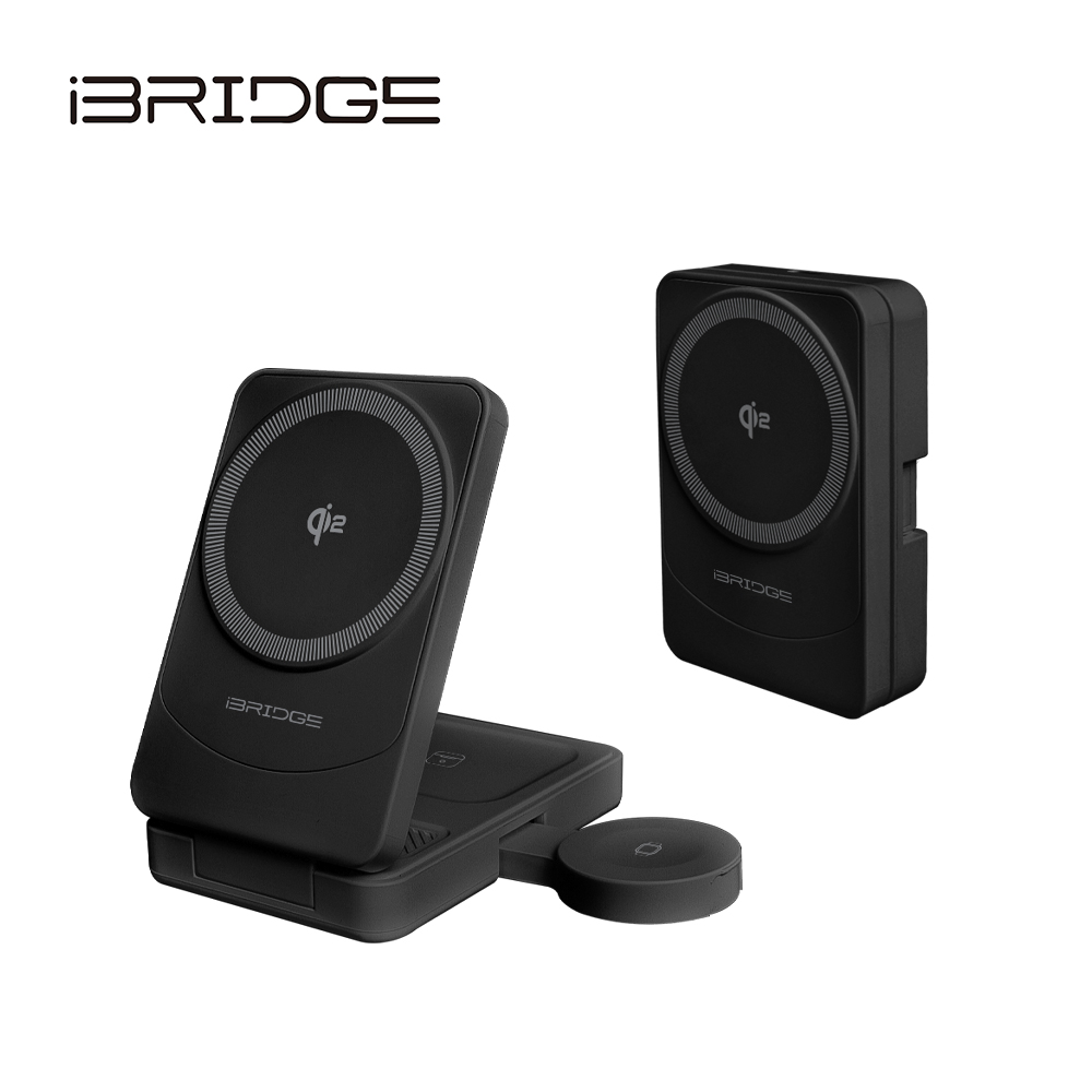 iBRIDGE Qi2 3-in-1 Folding Wireless Charger - Black, , large