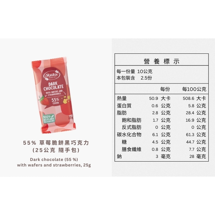 Dark chocolate(55%) with wafers and strawberries,25g, , large