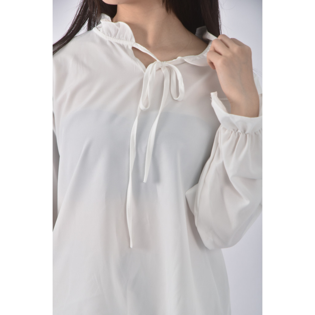 (L) 質感綁帶白色長袖上衣二手衣, , large