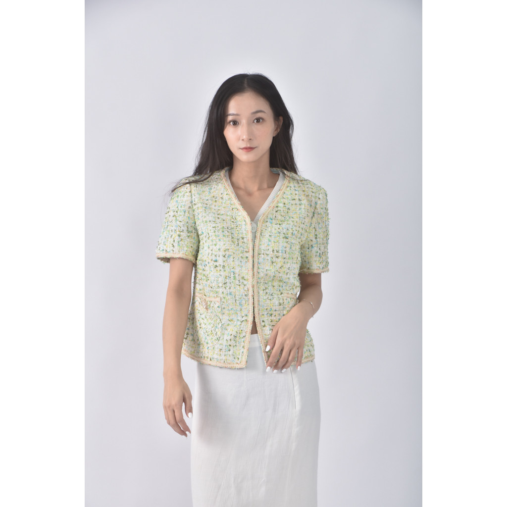 (S) 小香風Ｖ領綠色外套二手衣, , large