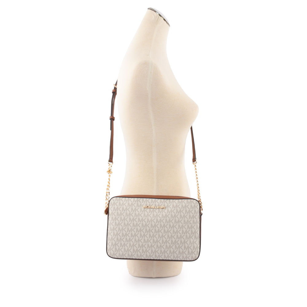 Michael Kors 金字滿版LOGO拚色方形鏈帶斜背包/香草色/淺駝, , large