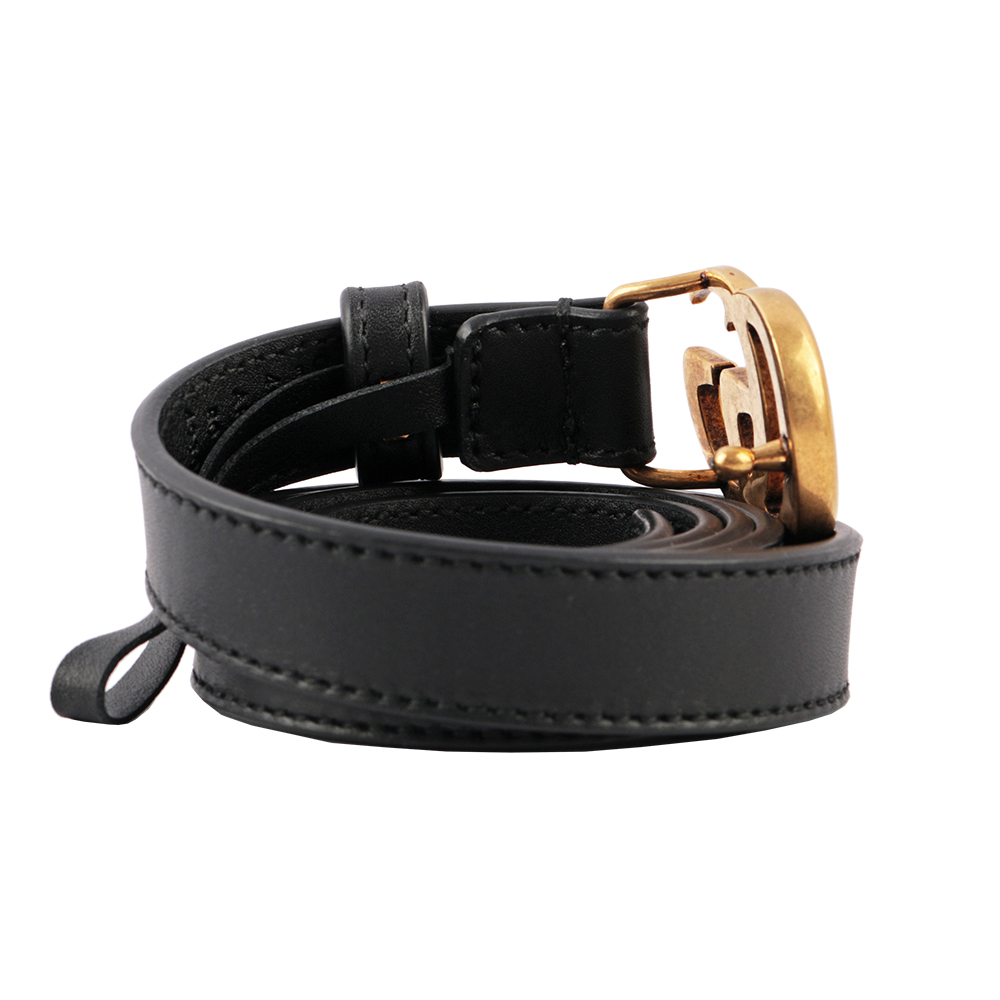 GUCCI 小雙G霧金logo牛皮2CM寬皮帶75cm/黑色, , large