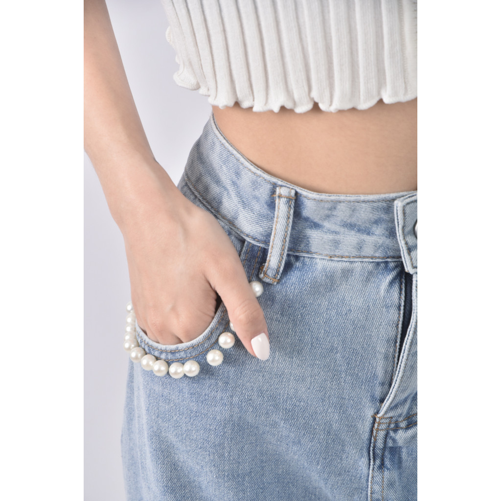 (L) 高腰丹寧牛仔珠珠藍色長褲二手衣, , large