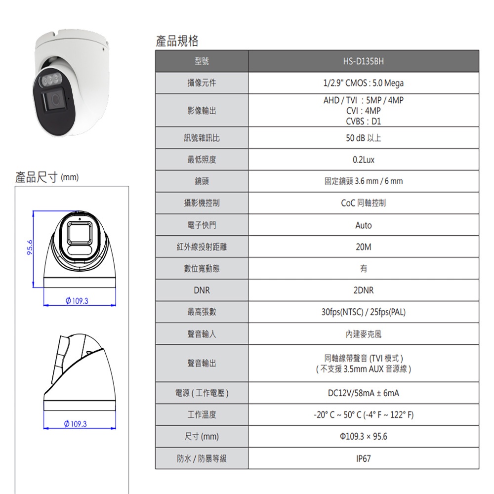 昌運監視器 昇銳 HS-D135BH 500萬 多合一同軸音頻紅外線半球攝影機 內建麥克風 紅外線20M, , large