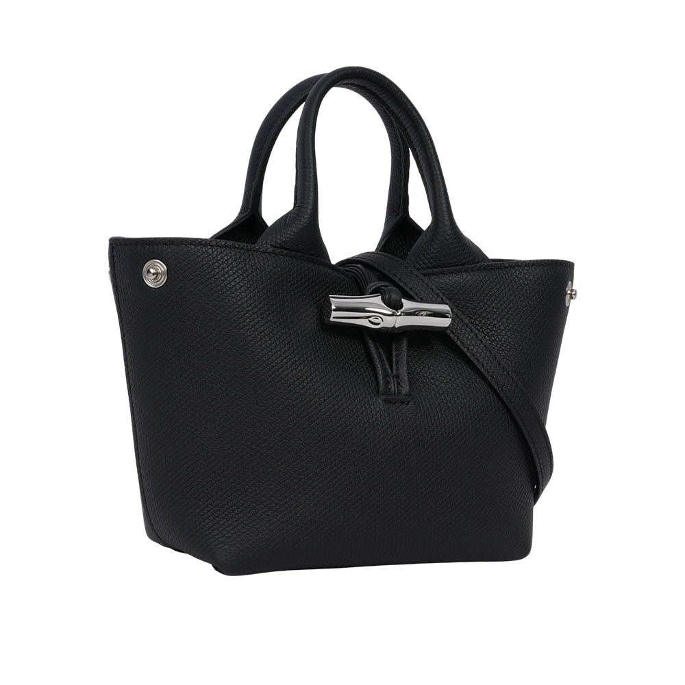 LONGCHAMP Roseau XS 竹節釦牛皮手提/斜背迷你二用包/黑色, , large
