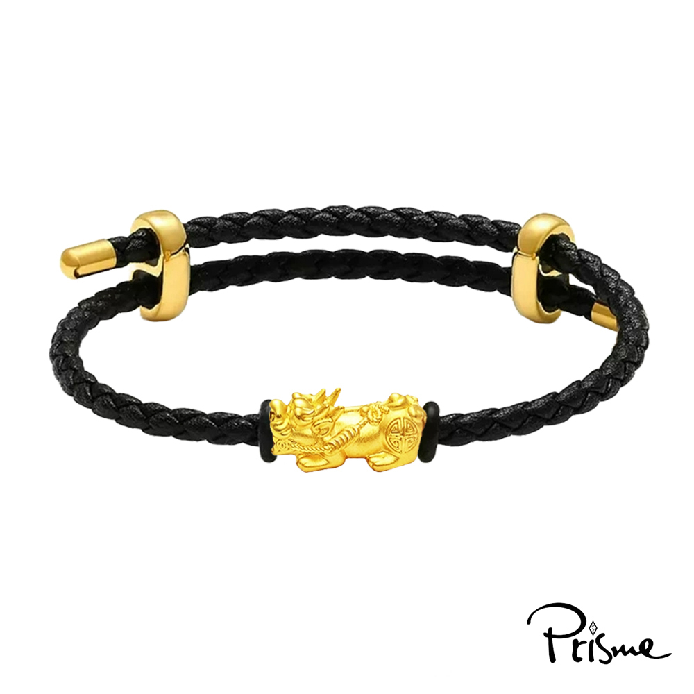 【Prisme Gold】黃金手鍊 送禮男生 999純金墜飾皮手環 多款選 (金重：約0.08錢&plusmn;0.03) - 招財貔貅, , large