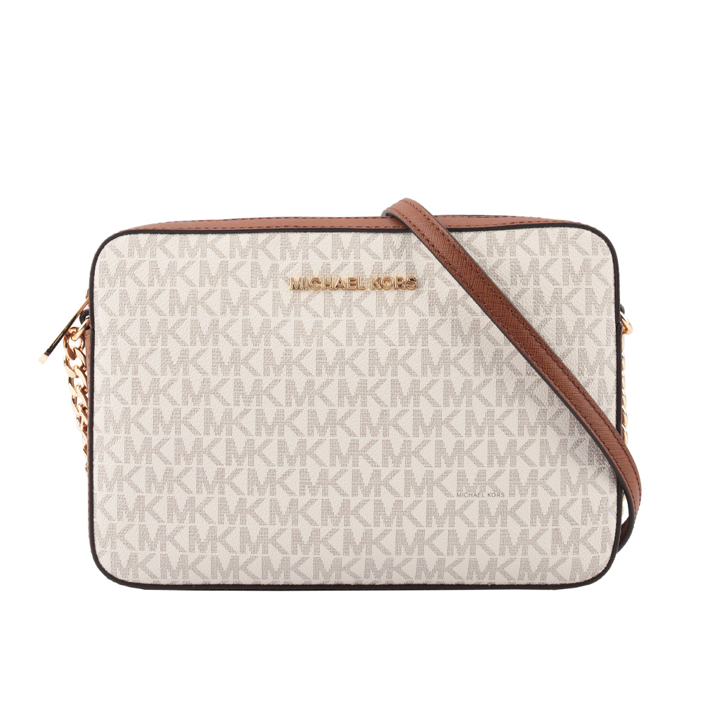 Michael Kors 金字滿版LOGO拚色方形鏈帶斜背包/香草色/淺駝, , large
