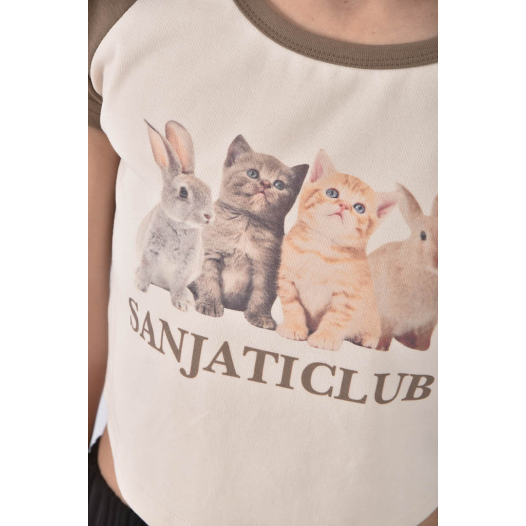 (S) 【粿粿私服】cindy韓牌修身短版棉質貓咪棕色短袖上衣二手衣, , large