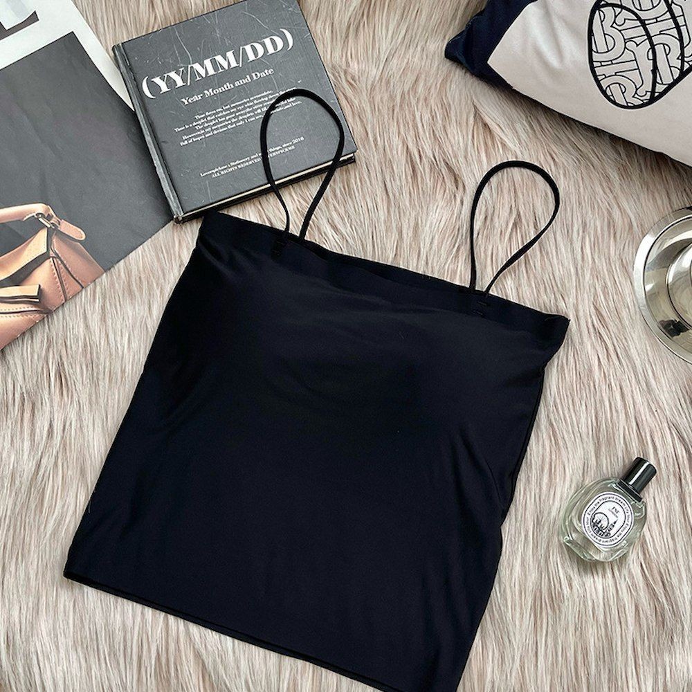 【A&R】絲滑冰絲一字領顯瘦罩杯細肩帶防滑背心小可愛 版型偏小款 - 神秘黑,3XL, , large