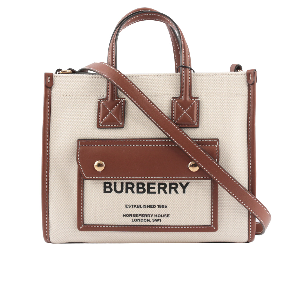 BURBERRY Freya 棉質帆布拼皮革迷你二用托特包/自然色/棕褐色, , large