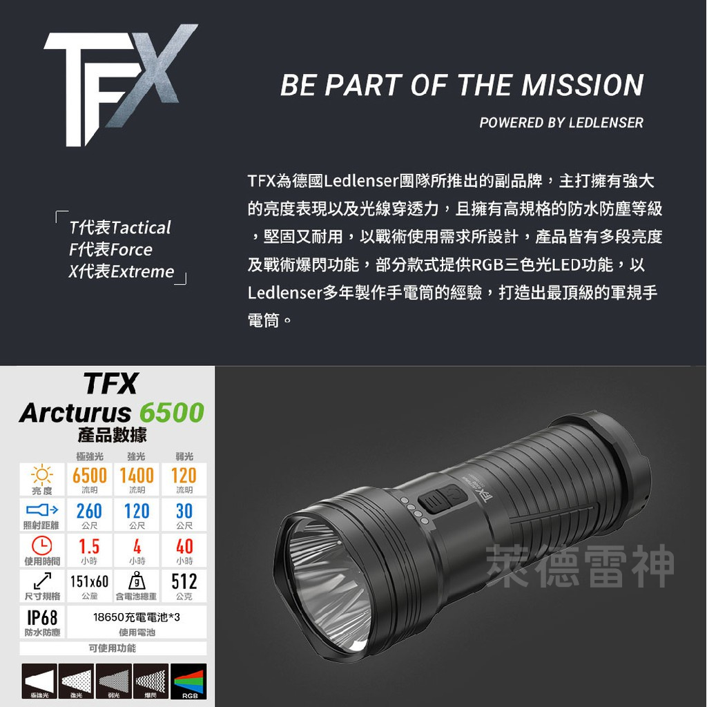 【德國Ledlenser】副品牌 TFX Arcturus 6500 戰術型四色光充電手電筒, , large