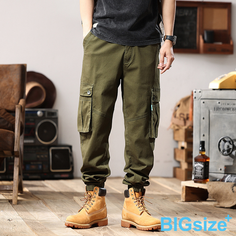 大尺碼-日系多袋束口工裝褲-黑/綠-0204168, , large