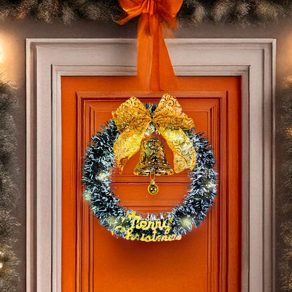 摩達客14吋風尚雅墨綠刷白系金蔥彎絲聖誕花圈+20燈LED暖白光燈串_本島免運費, , large