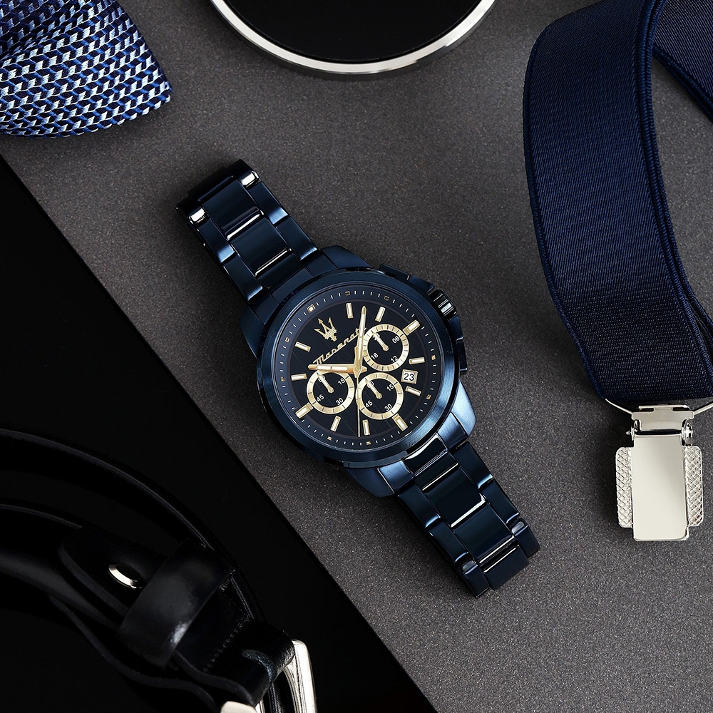 MASERATI 瑪莎拉蒂 Successo 綻藍三眼計時手錶-40mm R8873621040, , large
