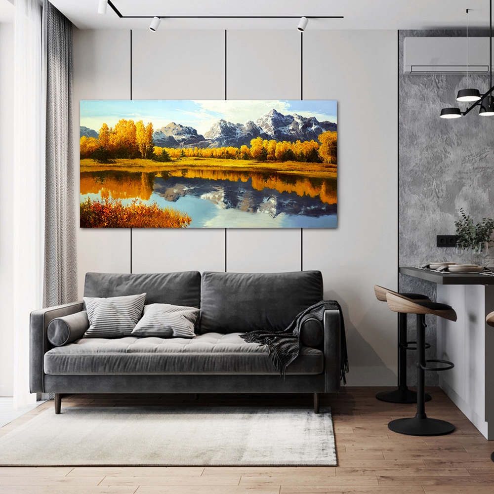 【御畫房】湖畔秋色 國家一級畫師手繪油畫60×120cm(VF-131), , large