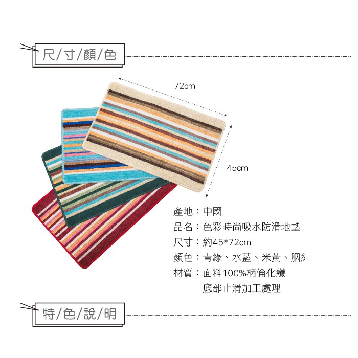 【格藍傢飾】色彩時尚吸水防滑地墊-45x72cm  止滑墊 腳踏墊 廁所浴室客廳地墊 防滑, , large