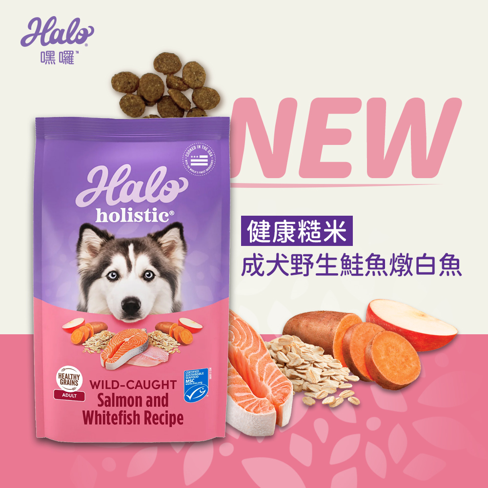 【拉拉寵物小舖】美國 HALO 嘿囉 狗飼料 成犬糙米鮭魚3.5磅 低敏感 天然糧 WDJ推薦 高含肉量, , large