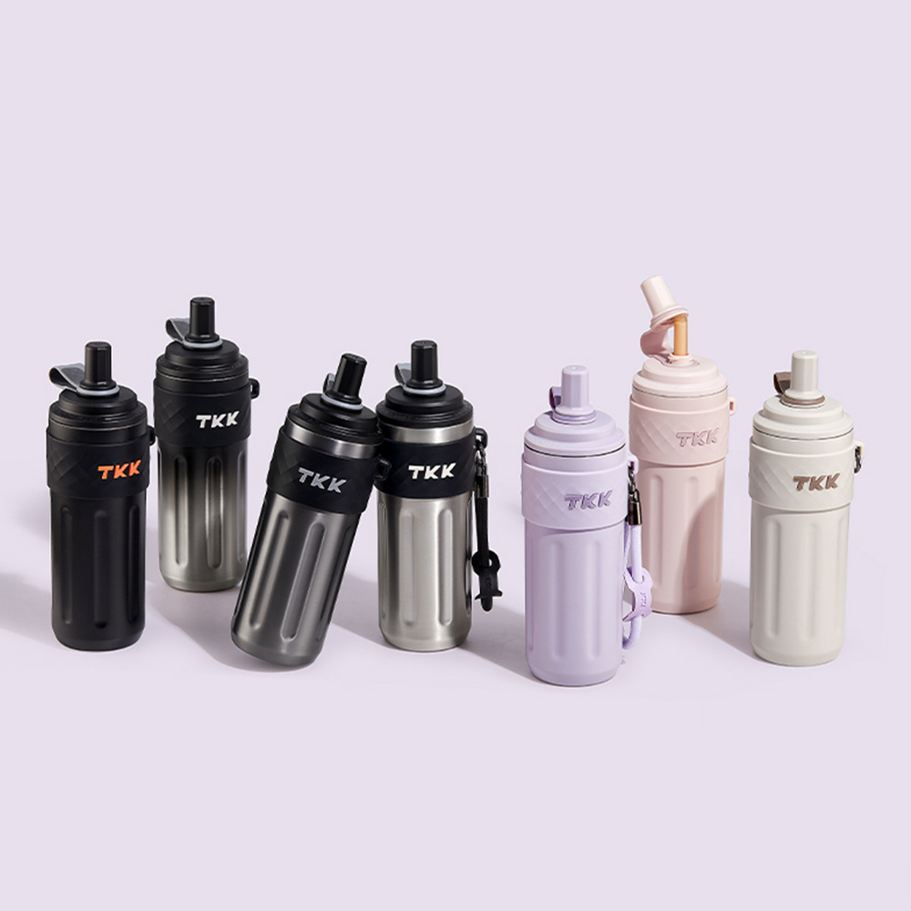 【TKK】律動吸管杯 316不鏽鋼x陶瓷噴塗 保溫杯 運動水壺500ML(附手提繩)-風信紫, 風信紫, large