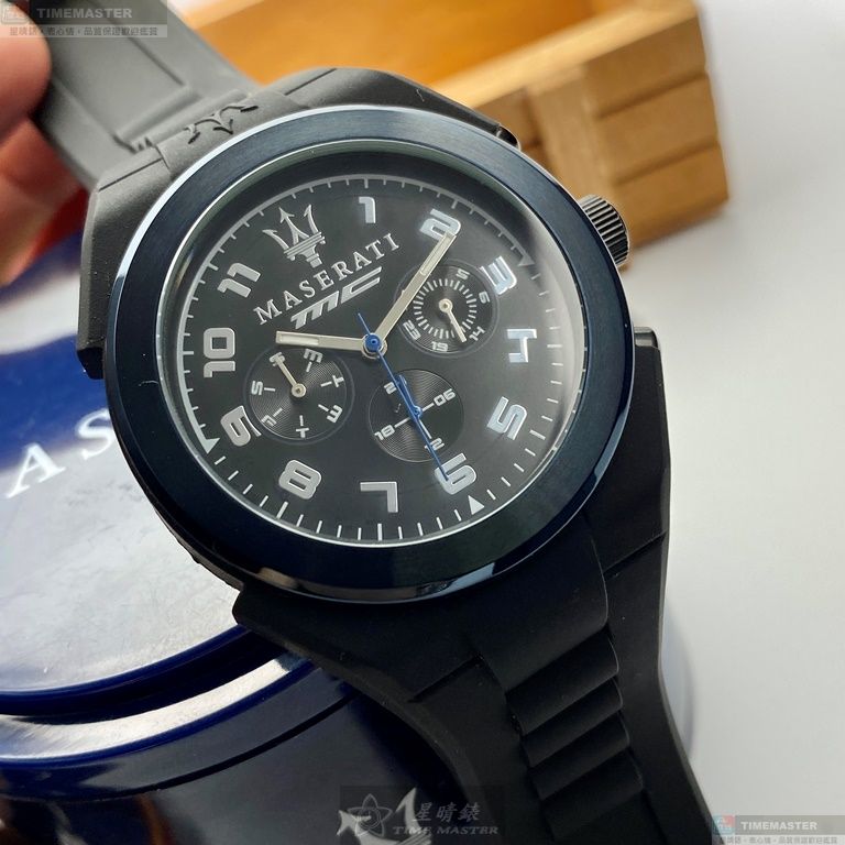 [星晴錶業]MASERATI手錶,44mm,R8851115007黑色錶面寶藍錶殼深黑色矽膠錶帶款, , large