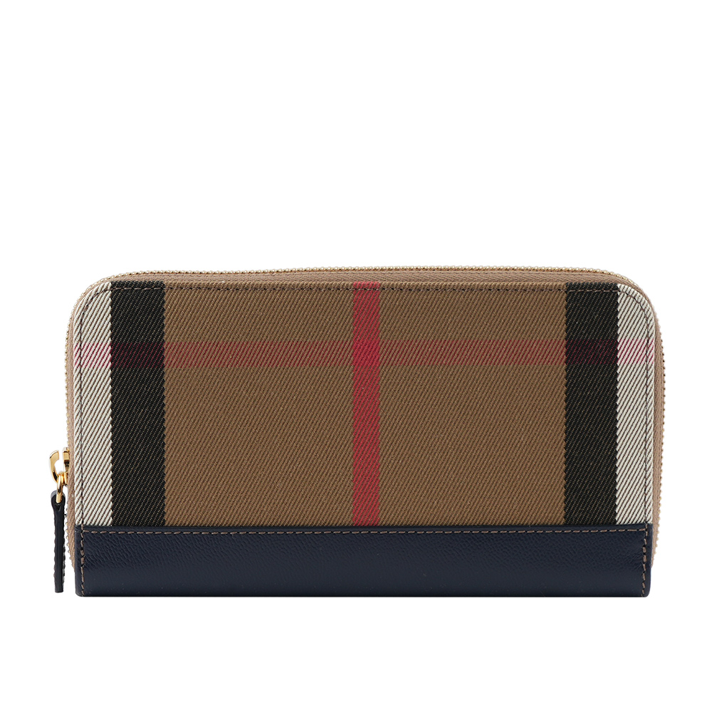 BURBERRY 格紋拼皮革ㄇ型拉鍊長夾/海軍藍, , large