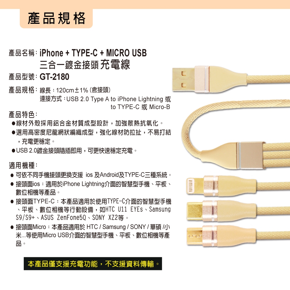 GliTTER GT-2180 USB對3充電線1.2M 鋁合金外殼高速穩定充電 支援iOS/Android/TypeC, , large
