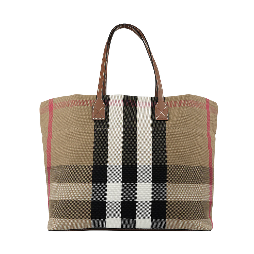 BURBERRY London 格紋棉質帆布及牛皮中型托特包/灰褐色/棕色, , large