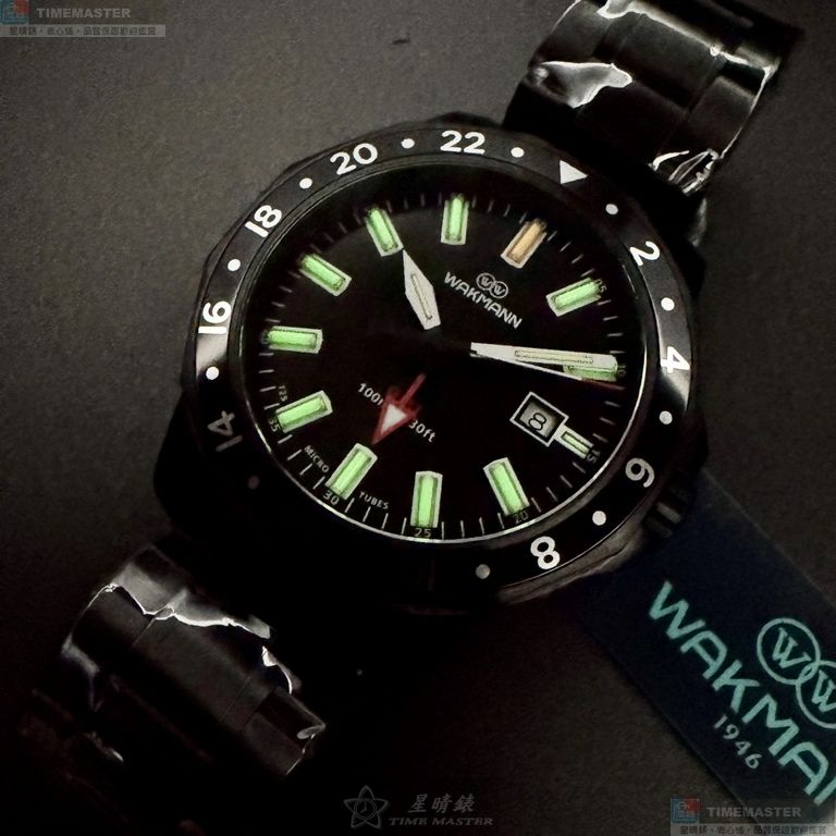 [星晴錶業]WAKMANN手錶,46mm,WA00046黑色錶面黑錶殼深黑色精鋼錶帶款, , large