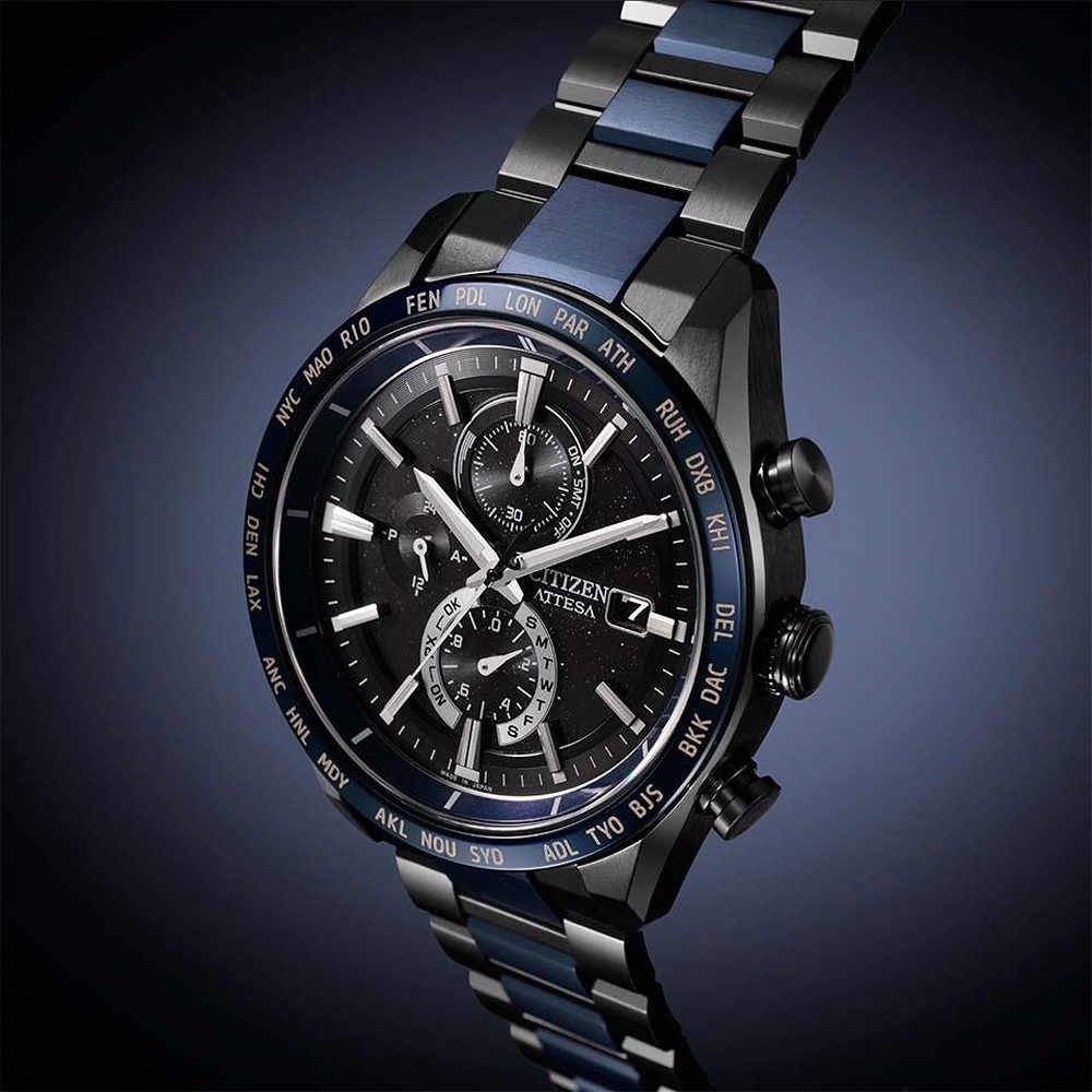 CITIZEN 星辰 湛藍星空 限量 鈦金屬光動能電波萬年曆手錶 AT8187-75E, , large