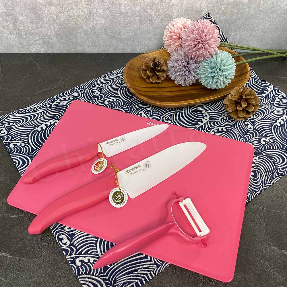 【KYOCERA京瓷】日本製 抗菌陶瓷刀 水果刀 削皮器 砧板 金色限定版-4件組(刀刃14+11cm)-任選色, , large