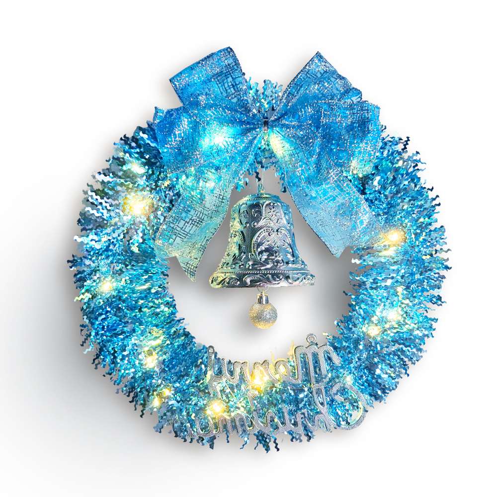 摩達客14吋夢幻土耳其藍系金蔥彎絲聖誕花圈+20燈LED暖白光燈串_本島免運費, , large