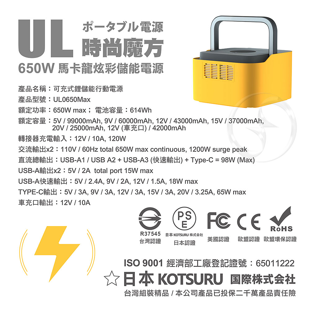 【KOTSURU】8馬赫 時尚馬卡龍儲能電源 炫彩魔方 650W大功率 台灣精品/快速完整保固服務體系(尊爵黃), , large