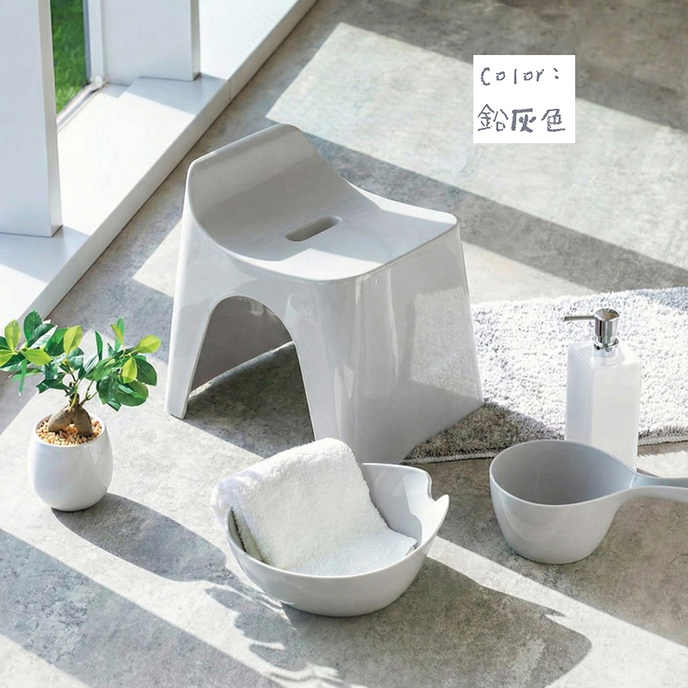 【HUBATH】Japan-Made Curved Bathroom Stool 25cm with Water Ladle &ndash; 2-Piece Set (Ag+ Antibacterial Material / Supports up to 100kg / Water-Repellent Design / Bath Stool) &ndash; Lead Gray