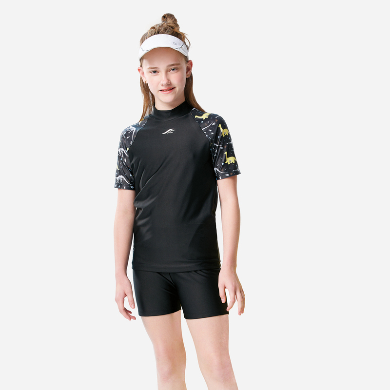 Made in Taiwan. Short-sleeved Jurassic-style two-piece swimsuit for older children, suitable for both boys and girls., , large