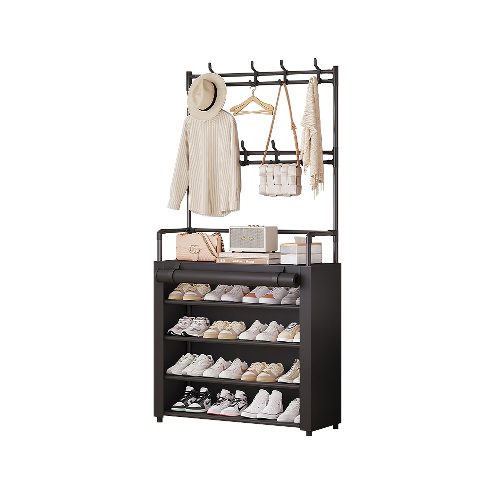 SHCJ 落地型一體組合衣帽鞋架 含布套【黑布套-5層80cm】玄關鞋架 組合鞋櫃 掛勾鞋架, , large
