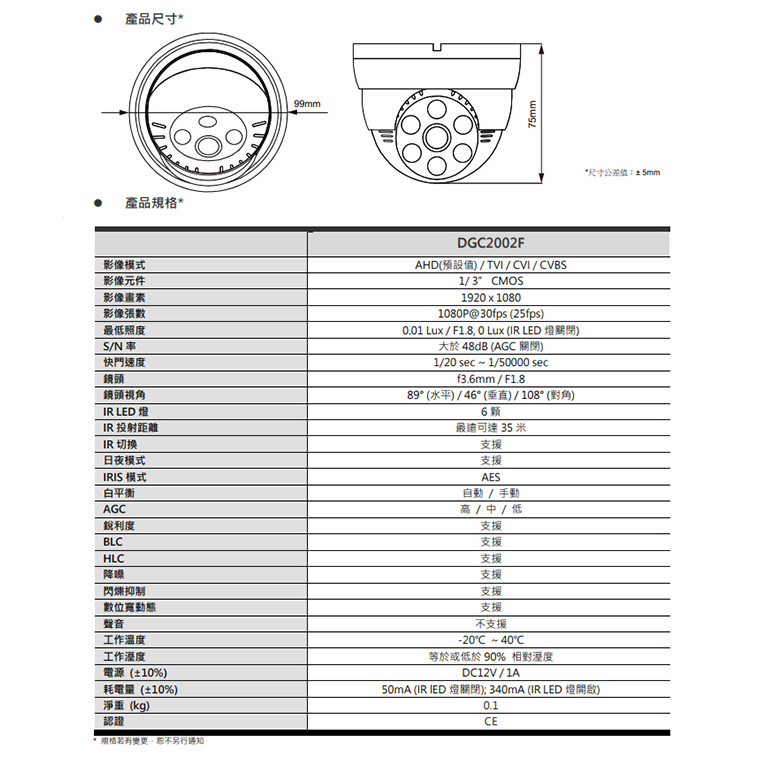 昌運監視器 AVTECH 陞泰 DGC2002F 200萬 四合一 紅外線半球攝影機 紅外線35M, , large
