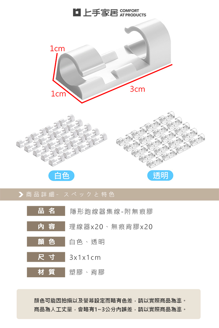 【上手家居】無痕膠理線器 20入組-透明(集線器/整線器/線材固定器/理線槽/理線架/電線整理/電線收納), , large