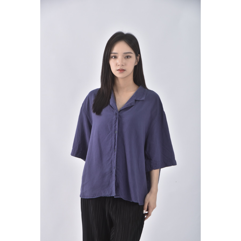 (2XL) uniqlo質感亞麻棉質素面藍色短袖上衣二手衣, , large