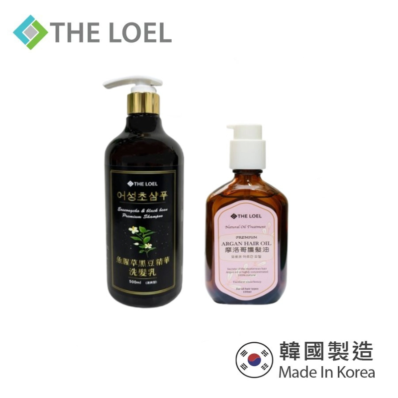 〔得來亞〕呵護秀髮體驗2件組-THE LOEL魚腥草黑豆精華洗髮乳500ml+摩洛哥護髮油100ml (附按壓式頭 ), , large