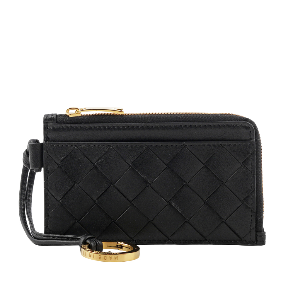 BOTTEGA VENETA L 型金色拉鍊小羊皮編織附鑰匙釦卡包/零錢包/黑色, , large