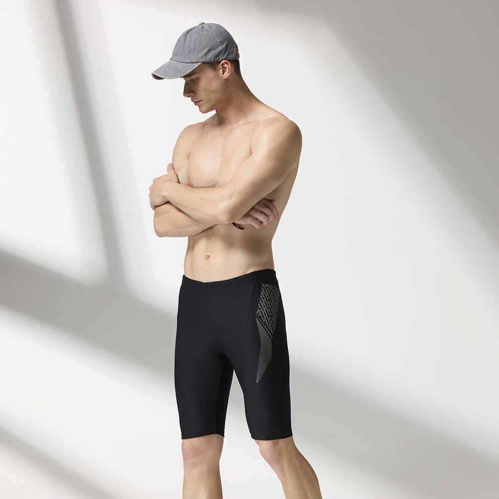 莫妮娜 台灣製 大男 玩水必備 七分泳褲 格子線段黑色 -XL