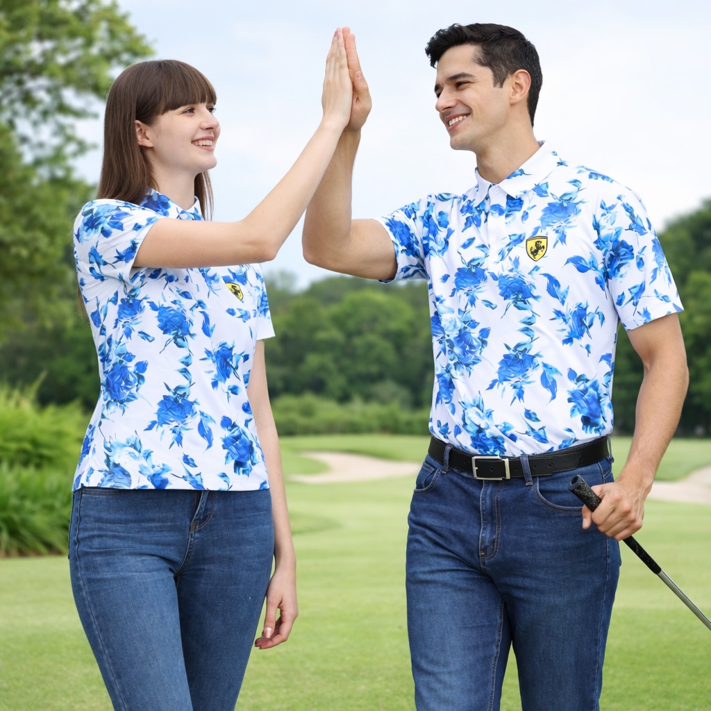 【FALALI】Short-sleeved cooling polo shirt - Women's (blue flower) , , large