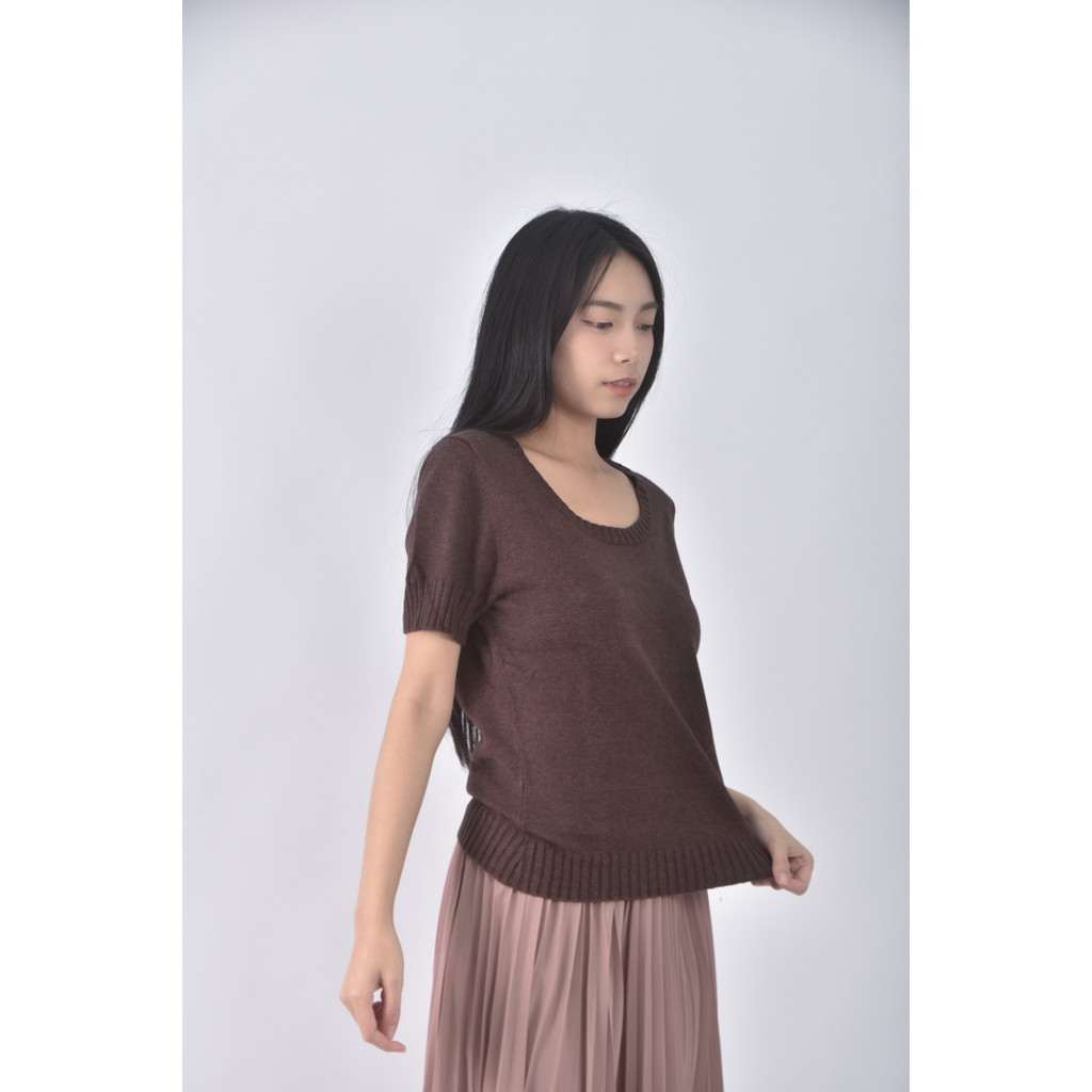 (S) laura ashley質感棉質圓領棕色短袖上衣二手衣, , large