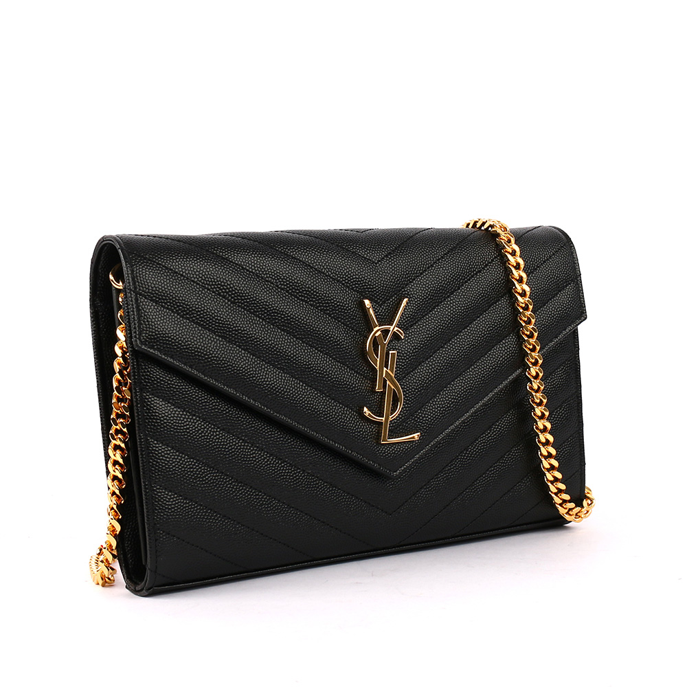 YSL V紋荔枝皮金色LOGO WOC 斜背包/黑色, , large